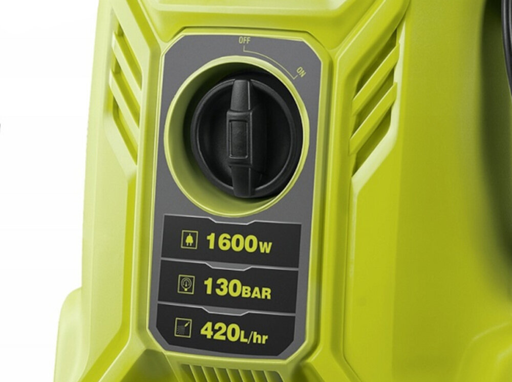 Myjka ciśnieniowa RYOBI RY130PWA silnik elektryczny moc 1600 W maksymalne cisnienie do 130 barow maksymalny przepyw wody do 420 l/h czyszczenie wysokocisnieniowe moc przylaczeniowa 1,6 kW