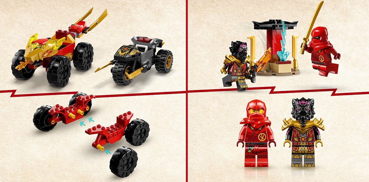 LEGO NINJAGO Bitwa samochodowo-motocyklowa między Kaiem a Rasem 71789 dziecko kreatywność zabawa nauka rozwój klocki figurki minifigurki jakość tradycja konstrukcja nauka wyobraźnia role jakość bezpieczeństwo wyobraźnia budowanie pasja hobby funkcje instrukcja aplikacja LEGO Builder