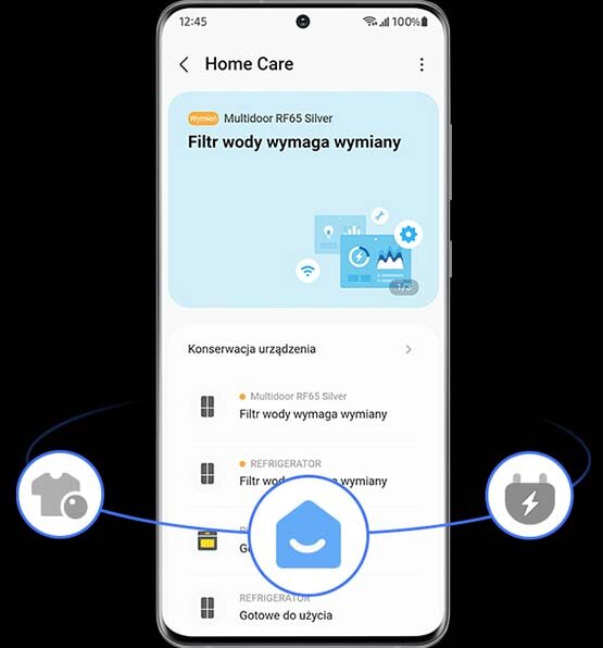 Włączony wyświetlacz telefonu z otwartą aplikacją Home Care