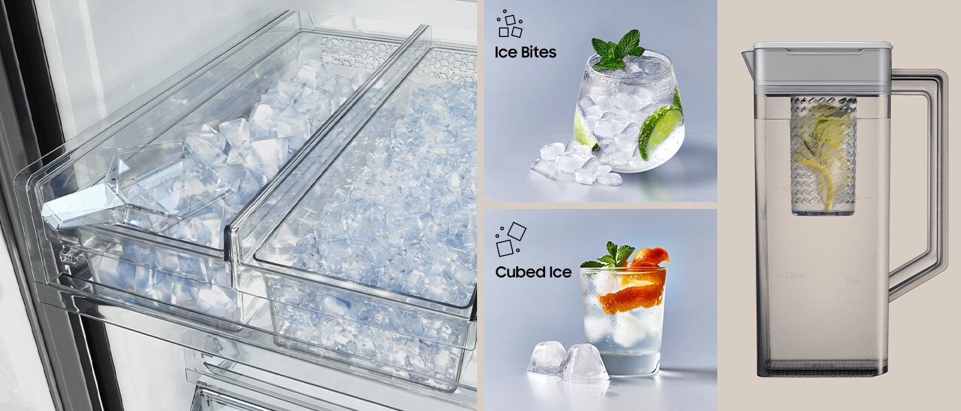 Dwa rodzaje kostek lodu w lodówce z oferty Media Expert - Ice Bites oraz Cubed Ice