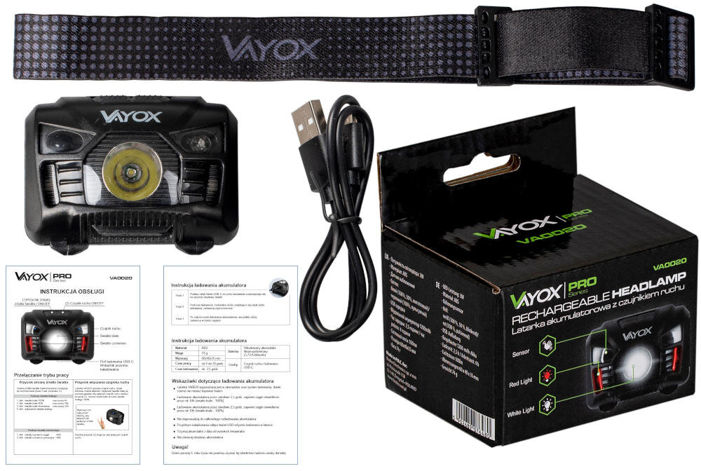 Latarka czołowa VAYOX VA0020 zestaw akcesoria komplet wyposazenie