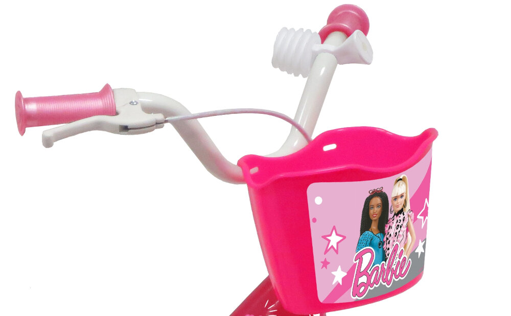 Rower dziecięcy BARBIE 12 cali dla dziewczynki ukryty kierownicy antyposlizgowy material dobrze wyprofilowane koszyk na drobiazgi z ulubionymi postaciami z Barbie trabka