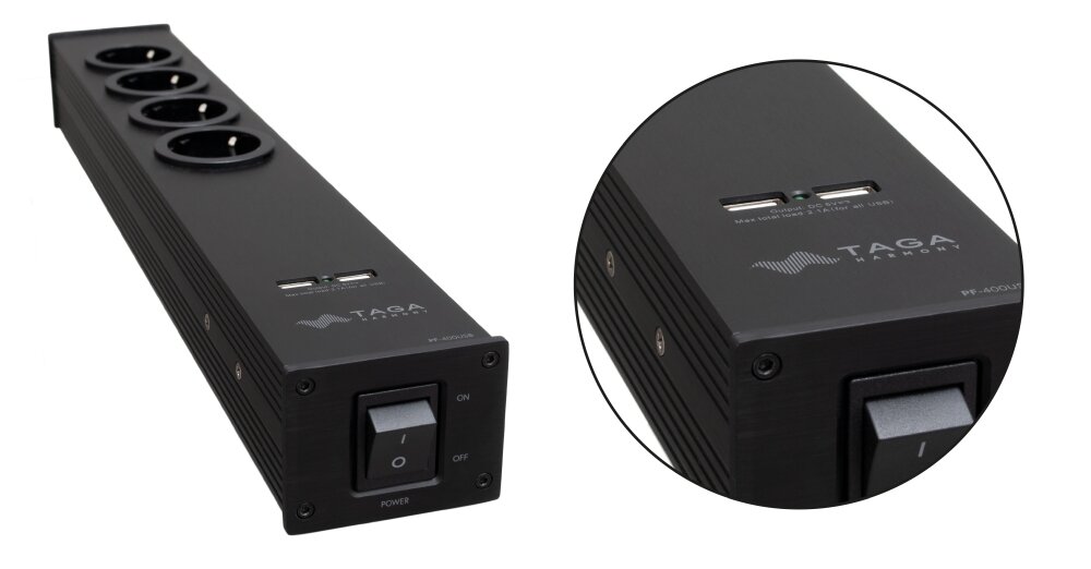 Filtr zasilania TAGA HARMONY PF-400-USB praca zakłócenia efekty elekryczność izolacja sprzęt audio wideo komponenty 2 urządzenia