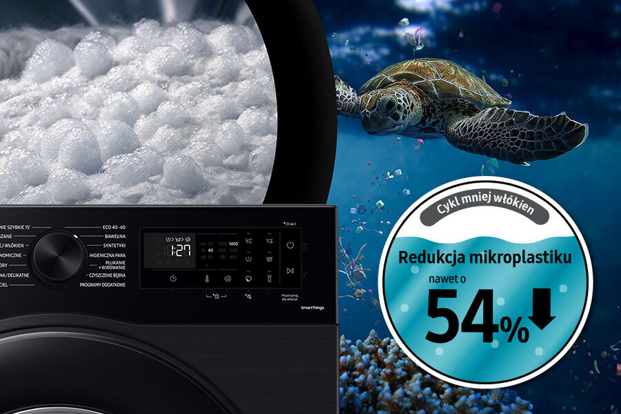 Czarna pralka EcoBubble AI Energy WW80CGC04DAB marki Samsung z Media Expert oraz żółw