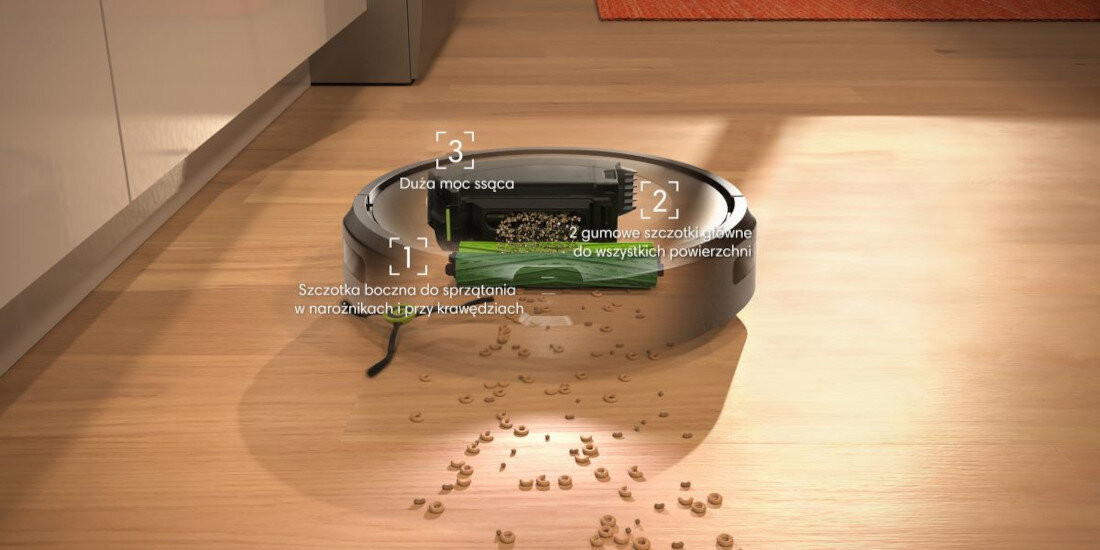 Robot sprzątający IROBOT Roomba j9 okruchy siersc 3-stopniowy system sprzatania 2 gumowe szczotki główne powierzchnia
