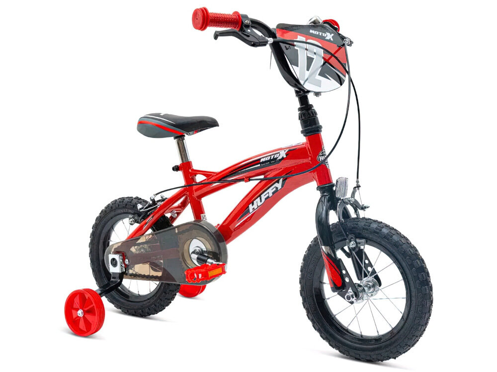 Rower dziecięcy HUFFY Moto X 12 cali dla chłopca Czerwony solidnosc bezpieczenstwo dynamicznym design czerwony kolor grafiki z motywem motocyklowym wygodna kierownica narzedzie do nauki zabawka