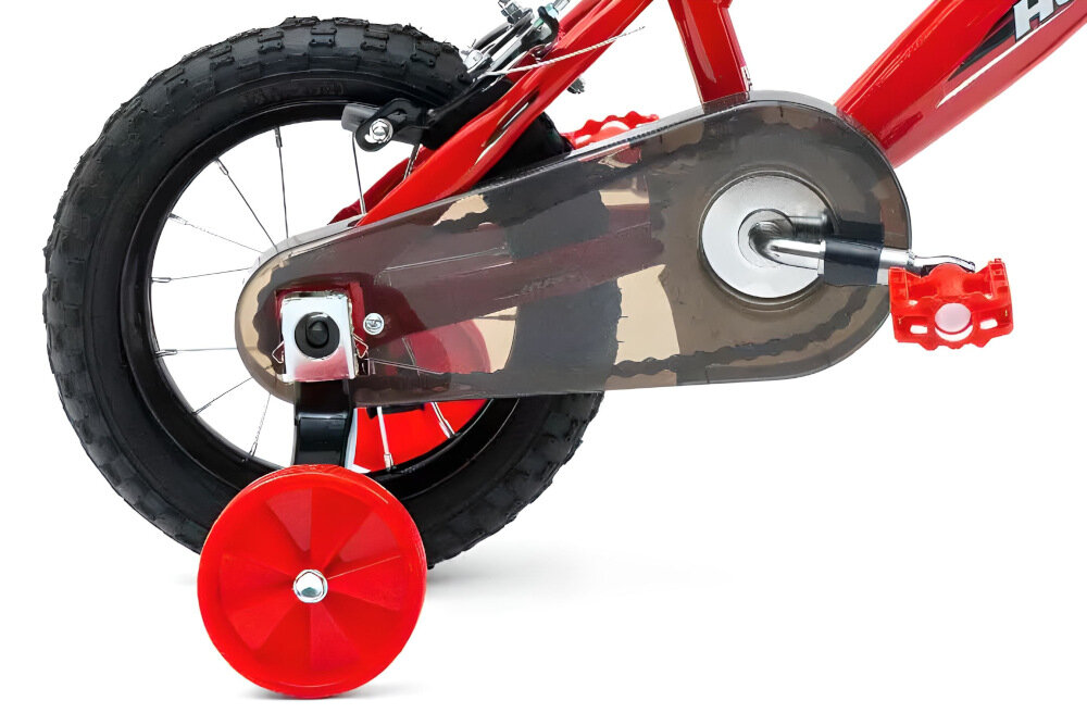 Rower dziecięcy HUFFY Moto X 12 cali dla chłopca Czerwony rozmiar kol 12 cali pompowane opony dla dzieci w wieku do 2 do 3 lat boczne kolka asekuracja mozna latwo usunac oslona lancucha regularne sprawdzanie cisnienia powietrza wartosc na bocznej czesci opony