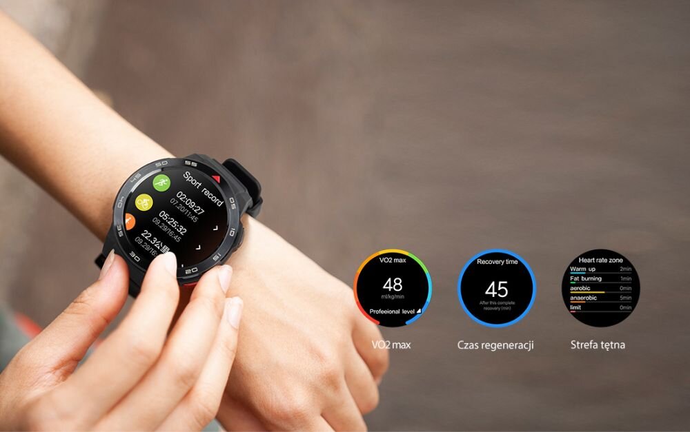 Smartwatch MIBRO GS Pro   ekran bateria czujniki zdrowie sport pasek ładowanie pojemność rozdzielczość łączność sterowanie krew puls rozmowy smartfon aplikacja 