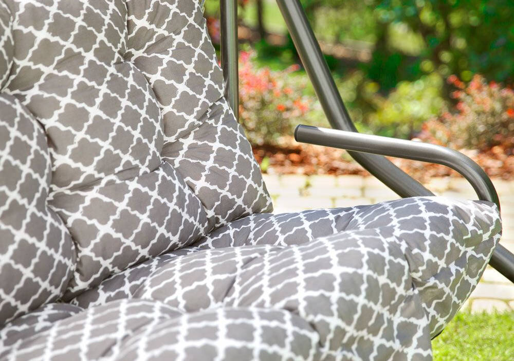 Huśtawka ogrodowa PATIO Milano H030-06PB komplet dwie poduszki troczki mocowanie komfort wygoda relaks solidna konstrukcja grubosc pikowanie miekkosc odpoczynek