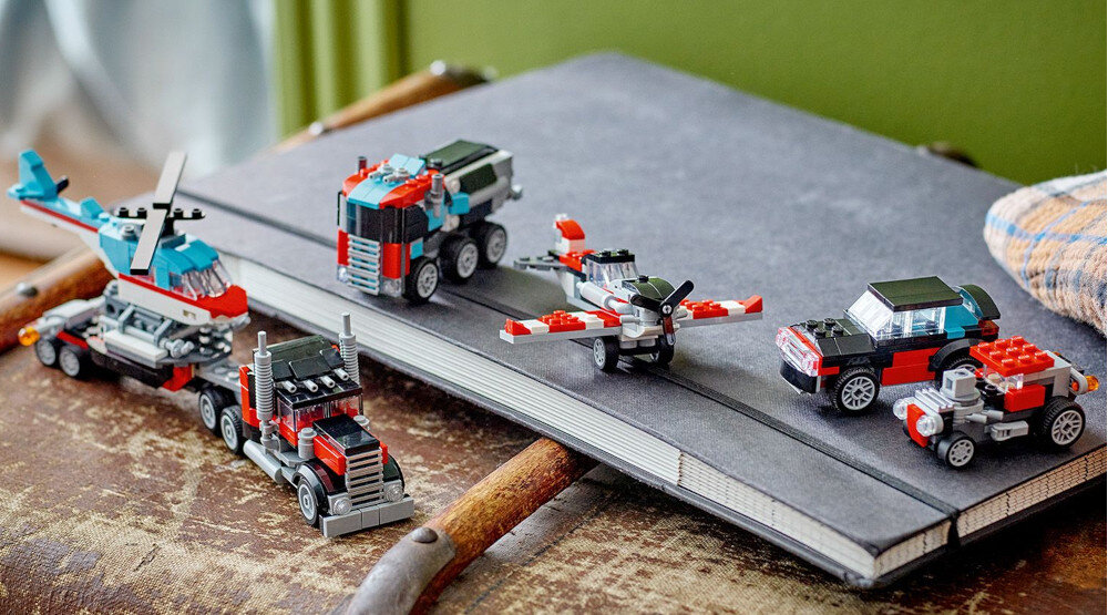 KLOCKI LEGO CREATOR 3IN1 CIĘŻARÓWKA Z PLATFORMĄ I HELIKOPTEREM 31146 zestaw pojazdy ciężarówka helikopter