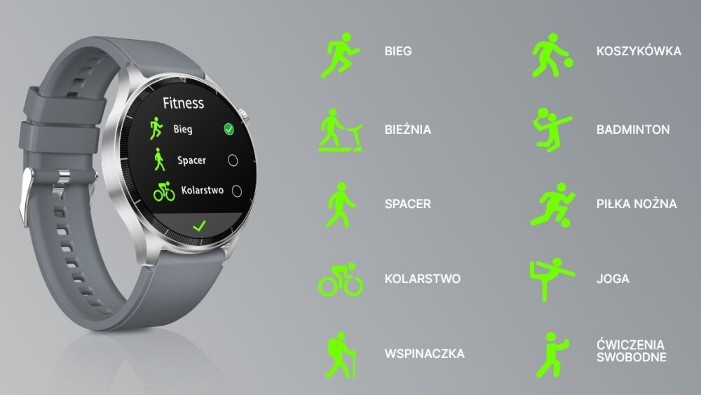 Smartwatch Forever Grand 2 ekran bateria czujniki zdrowie sport pasek ładowanie pojemność rozdzielczość łączność sterowanie krew puls rozmowy smartfon aplikacja