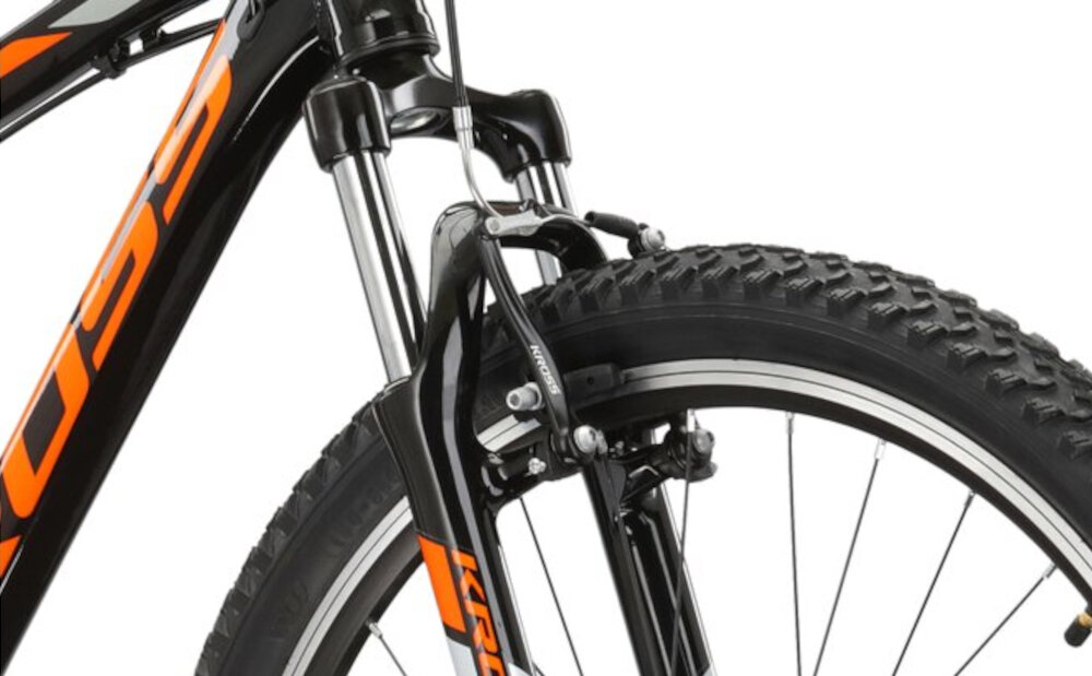 Rower górski MTB KROSS Hexagon 2.0 M14 26 cali męski Czarno-pomarańczowy rower typu hardtail przedni amortyzator KROSS 80 mm niweluje wstrzasy do jazdy na nierownej wyboistej nawierzchni