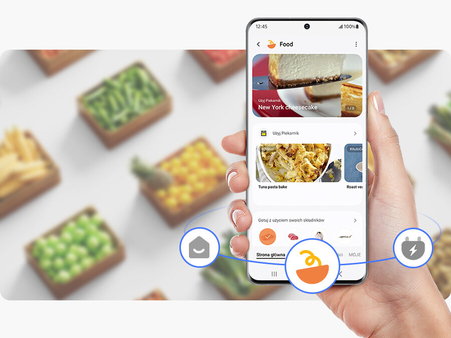 Twórz listy zakupów, dodawaj daty przydatności do produktów oraz sięgaj po nowe przepisy w aplikacji SmartThings Food 
