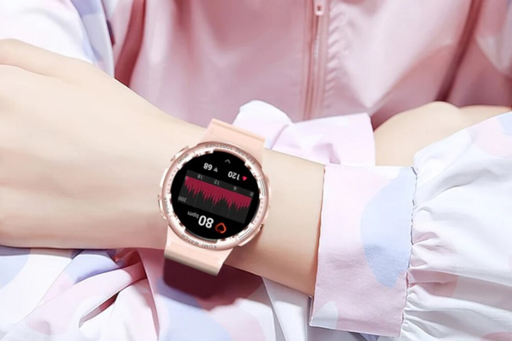 Smartwatch KUMI K6 Różowy klasyczny okragly ekran koperta ze szkla odpornego na zadrapania stopu aluminium ABS poliweglanu wbransoleta z sylikonu latwe utrzymanie czystosci
