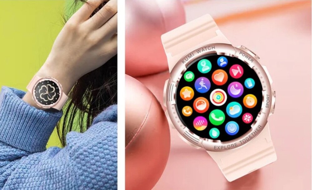 Smartwatch KUMI K6 Różowy wyswietlacz kolorowy dotykowy AMOLED 1,3-cala personalizacja tarczy ponad 100 tarcz do wyboru