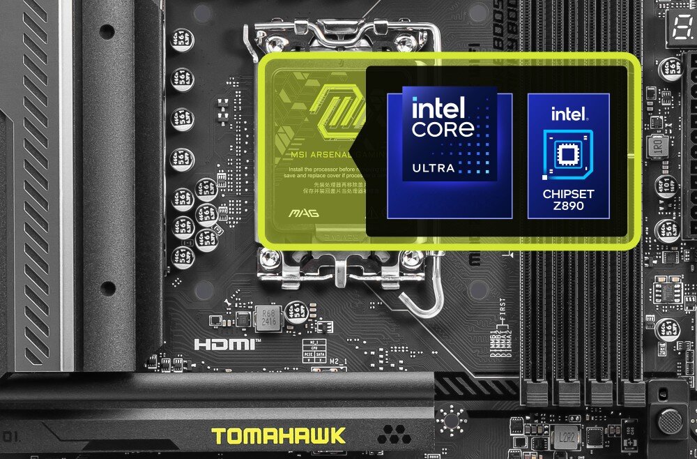 Obraz przedstawia fragment płyty głównej z widocznym napisem \'TOMAHAWK\' oraz logo \'HDMI\'. Na płycie znajduje się naklejka z napisami \'intel CORE ULTRA\' i \'intel CHIPSET Z890\'.