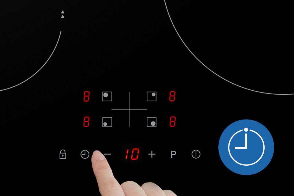 Czerwone przyciski pól grzewczych na płycie indukcyjnej Samsung NZ64F3NM1AB oraz ikonka timera 