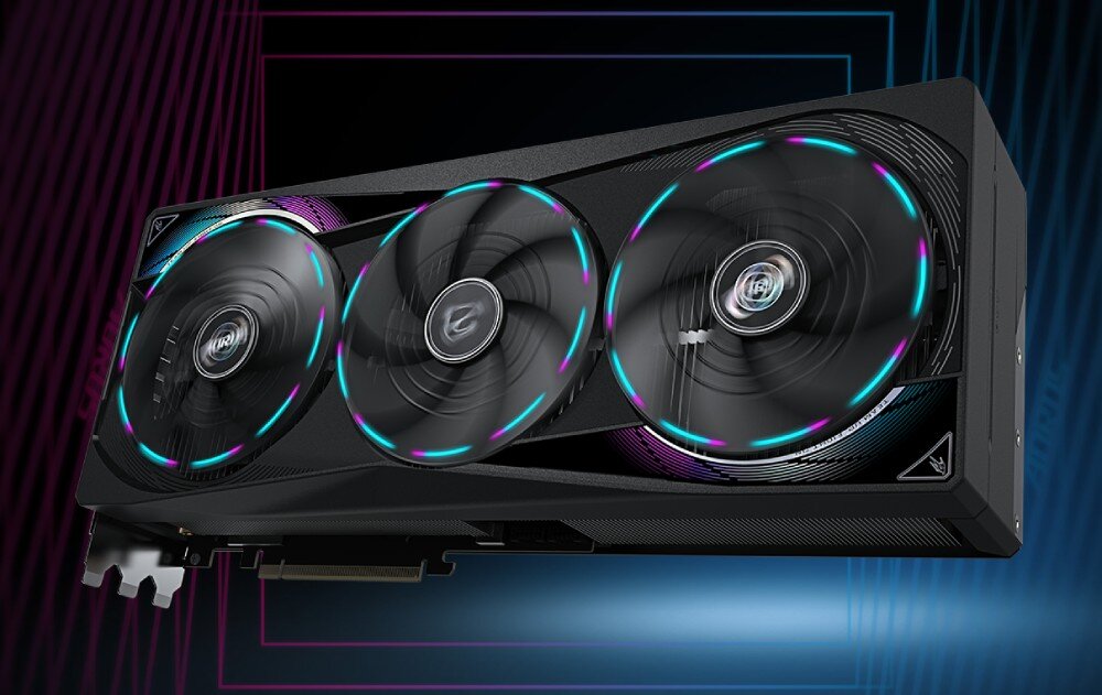 Відеокарта GIGABYTE Aorus GeForce RTX 5080 Master 16 ГБ Три вентилятори для карток із RGB-підсвічуванням на динамічному фоні в ігровому стилі