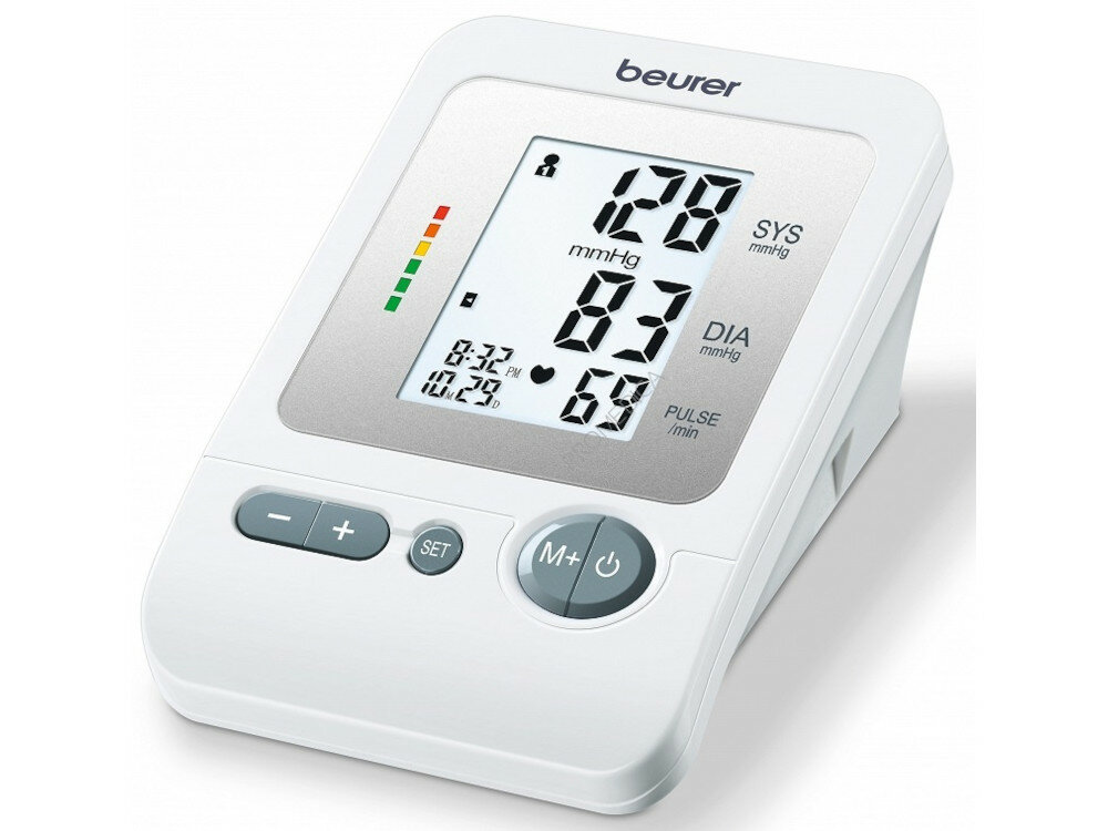 Ciśnieniomierz BEURER BM 26 duży wyświetlacz czytelne oznaczenia mierzy puls ciśnienie pokazuje datę godzinę skala określająca stopnie ryzyka