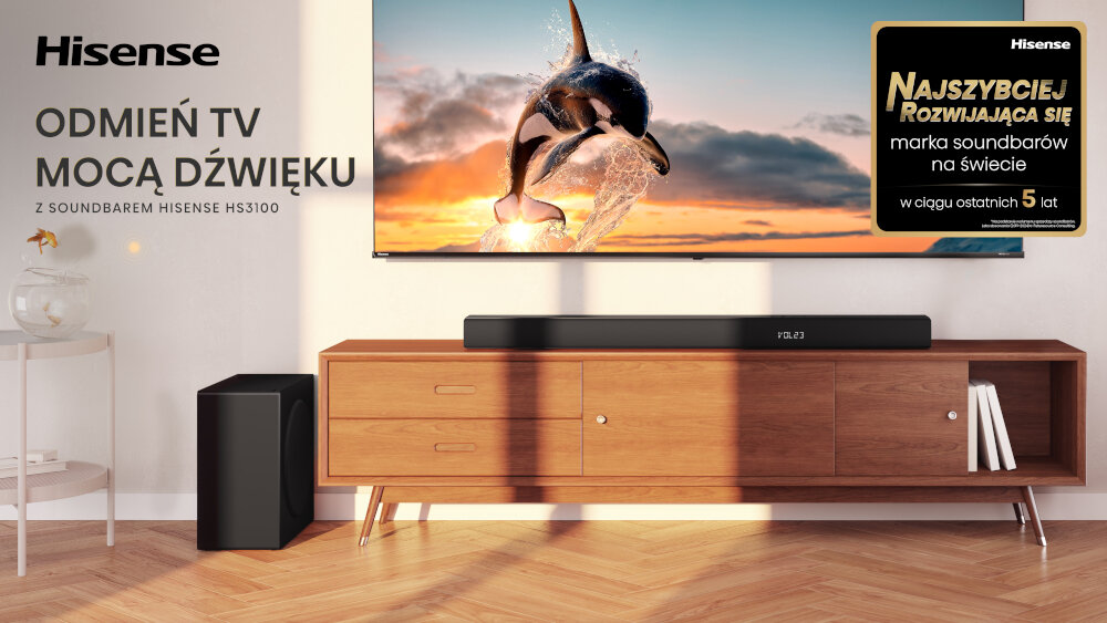 Soundbar HISENSE HS3100 - Mocny dźwięk w Twoim salonie, soundbar stojący na komodzie