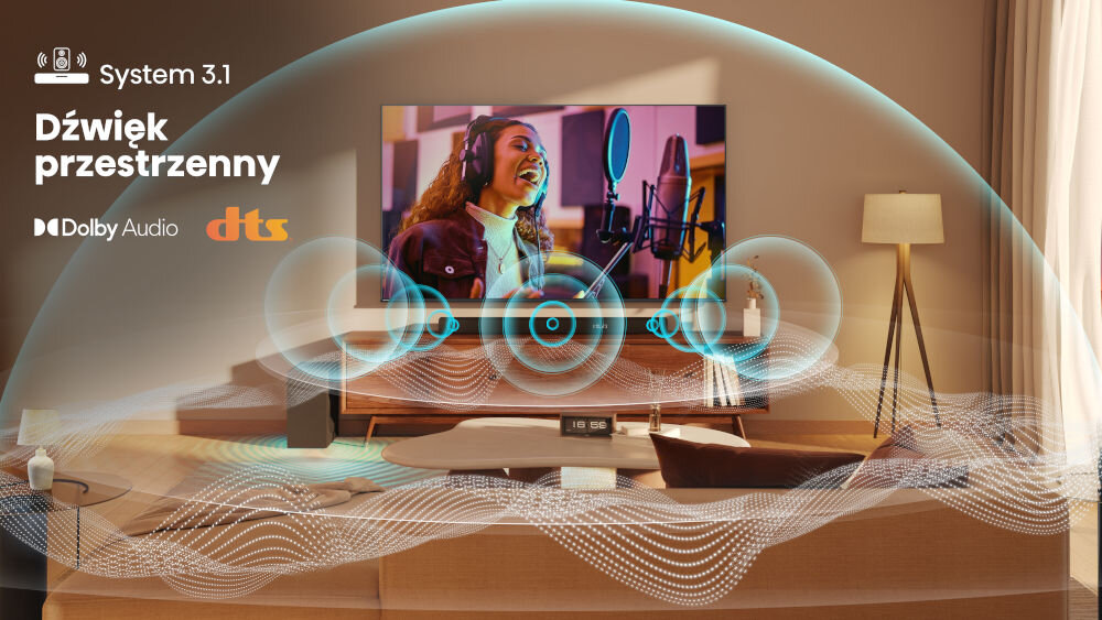 Soundbar HISENSE HS3100 - System 3.1 z głębią dźwięku, soundbar stojący na komodzie w salonie