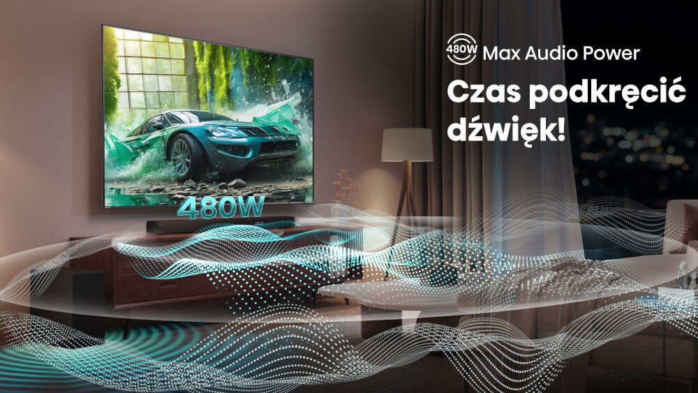 Soundbar HISENSE HS3100 - Wysoka moc dla emocji, telewizor zawieszony na ścianie, soundbar stojący na komodzie z którego wydobywa się dźwięk