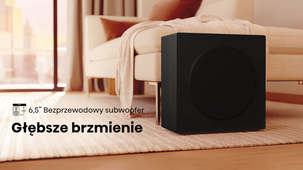 Soundbar HISENSE HS3100 - Bez kabli, dużo swobody, subwoofer stojący na podłodze obok sofy