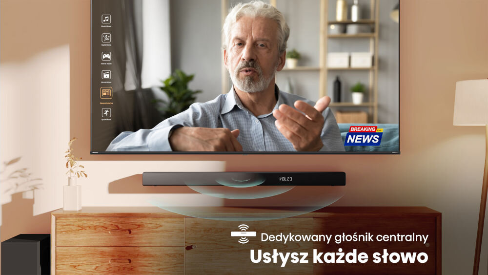 Soundbar HISENSE HS3100 - Wyraźne dialogi bez zakłóceń, telewzior z soundbarem zawieszony na ścianie