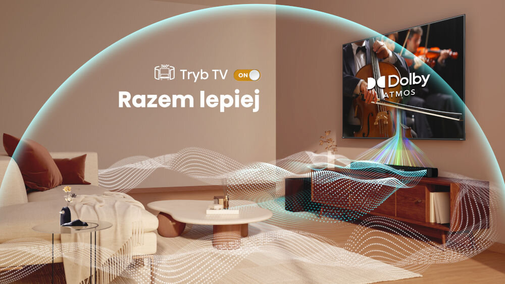 Soundbar HISENSE HS3100 - Lepszy dźwięk z telewizora, telewizor zawieszony na ścianie, soundbar stojący na komodzie