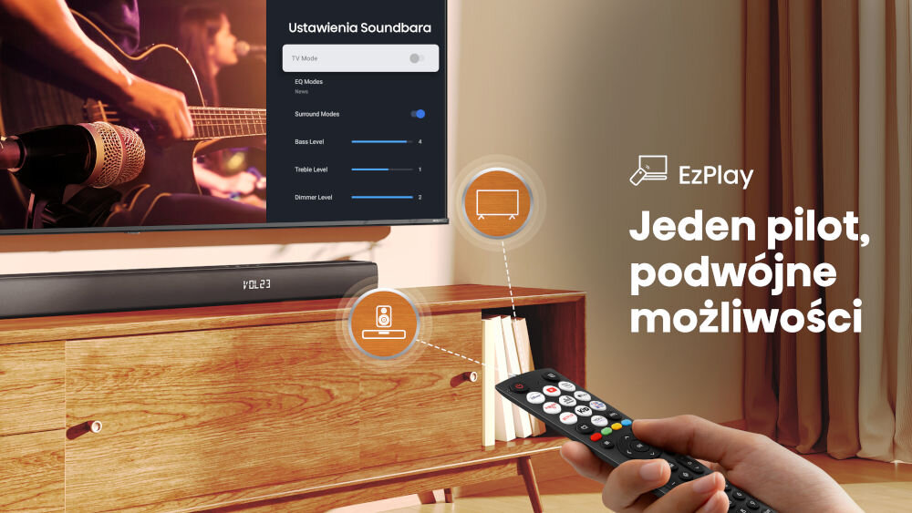 Soundbar HISENSE HS3100 - Jedno sterowanie, pilot skierowany w kierunku telewizora oraz soundbara