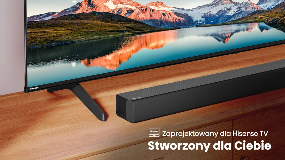 Soundbar HISENSE HS3100 - Elegancja, telewizor z soundbarem stojący na komodzie