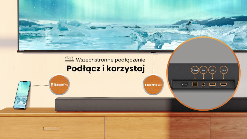 Soundbar HISENSE HS3100 - Łatwe i szybkie połączenia, telewizor zawieszony na ścianie, soundbar stojący na komodzie