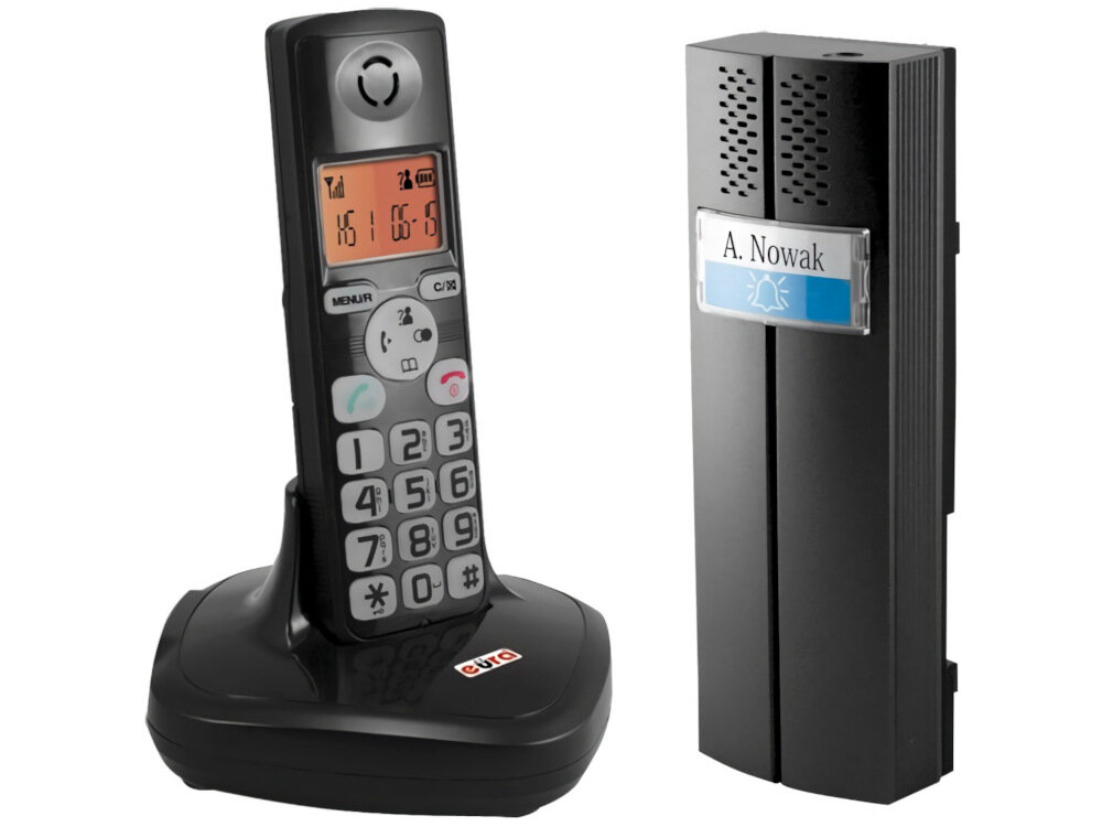 Teledomofon EURA CL-3622B dwie funkcje telefon i domof bezprzewodowy dwustronna komunikacja z kaseta zewnetrzna komunikacja miedzy sluchawka i baza lacznosc cyfrowy kanal radiow pasmo DECT 1,88-1,90 GHz