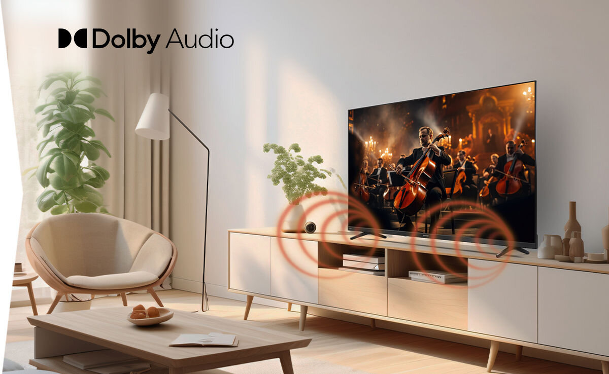 W salonie na szafce stoi telewizor wyświetlający koncert orkiestry, a obok widoczny jest napis \'Dolby Audio\'.