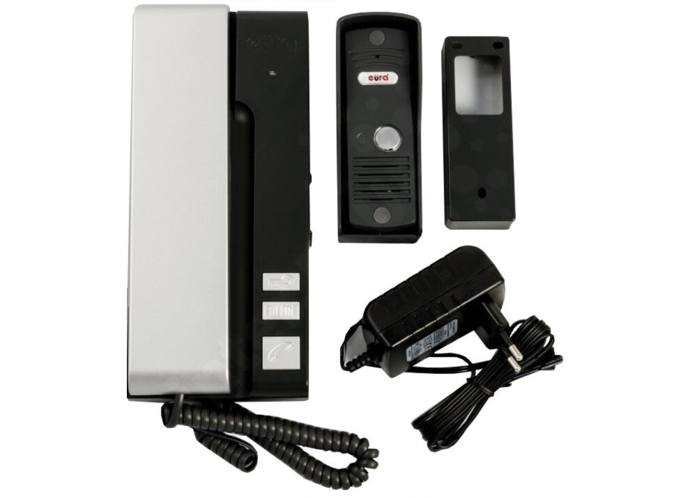 Domofon EURA Uno ADP-30A3 kaseta zewnetrzna modul wewnetrzny unifon w grafitowo-srebrnym kolorze zasilacz 12 V DC dokumentacja