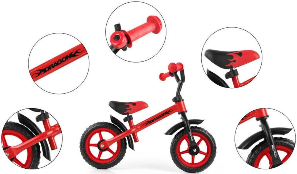 Rowerek biegowy MILLY MALLY Dragon czerwony pomaga ćwiczyć motorykę siłę mięśnie nóg utrzymywanie równowagi koordynację wzrokowo-ruchową dla dzieci w wieku od 2 do 4 roku życia