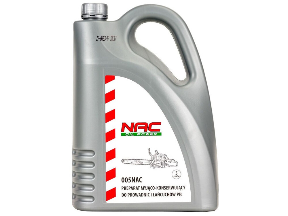 Olej NAC do prowadnic i łańcuchów 5 l pojemność 5 litrów wysokiej jakości preparat myjąco-konserwujący prowadnice i łańcuchy minimalizuje szybkość zużywania się prowadnic zmniejszenie szybkości tępienia się łańcucha