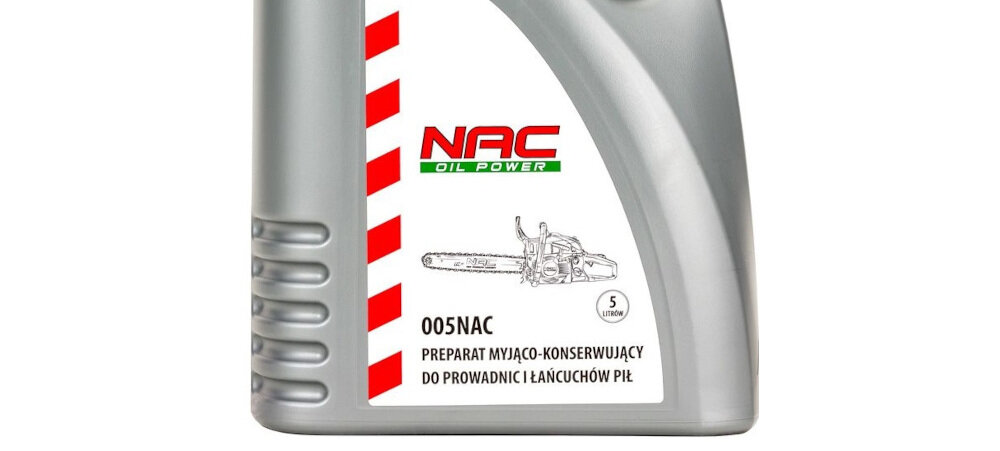 Olej NAC do prowadnic i łańcuchów 5 l rozpuszcza odkładające się na powierzchni substancje unikalna kompozycja detergentów i dyspergatorów wydłuża okres eksploatacji elementów tnących przedłuża żywotność urządzenia