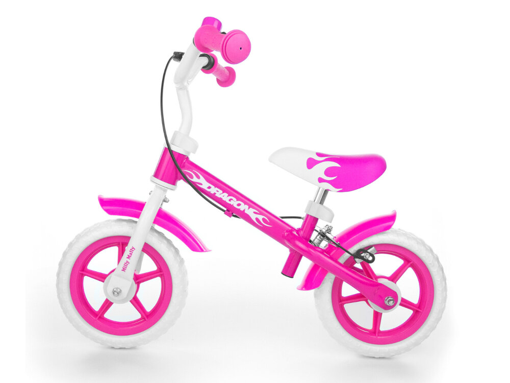 Rowerek biegowy MILLY MALLY Dragon Różowo-biały z hamulcem do samodzielnej nauki jazdy pomoze w cwiczeniach motoryki koordynacji wzrokowo-ruchowej wzmocni sile i miesnie nog nauczy utrzymywac rownowage dla dzieci w wieku od 2 - 4 +